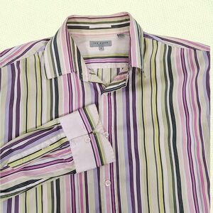 Ted Baker London Men's Dress Shirt 5 / XL Vertical Stripe‎ 100% Cotton Retro